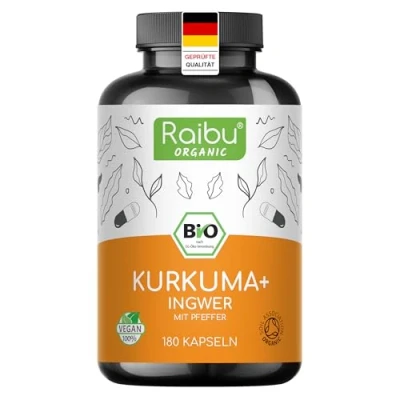 Abbildung von Raibu Bio Kurkuma mit Ingwer Kapseln Schwarzem Pfeffer 180 Hochdosierte Curcuma Komplex Qualität, Ohne Zusätze &amp; Vegan aus Deutscher Produktion