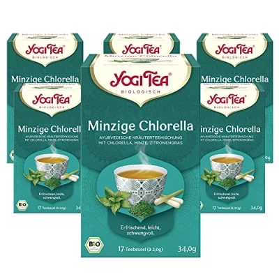 Abbildung von Yogi TEA, Minzige Chlorella, Ayurvedischer Bio Kräutertee, Mischung aus Minze und Zitronengras, Tee 6er Pack, 6x17 Beutel (102 Teebeutel insgesamt), Ideal als Geschenk