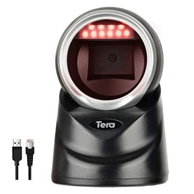 Abbildung von Tera Pro 2D QR Desktop Barcode Scanner Omnidirektional Einstellbarer Scankopf, USB Wired Handsfree Plattform Automatic Bar Code Reader for Market Retail Store Phone Screen Payment, 9100