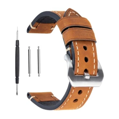 Abbildung von Ersatz Uhrenband, echtes Leder, für Armbanduhr, Vintage Stil, Herren/Frauen, mit Edelstahlschnalle, schwarz/braun, 20 mm/22 mm/24 mm, braun, 22 mm