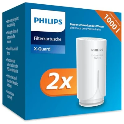 Abbildung von Philips Water On Tap Wasserfilter Cartdridge AWP305P2/10, Doppelpack, X Guard Mikrofiltration reduziert bis zu 99% der Chlor und geschmacksstörenden Substanzen