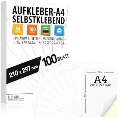 Abbildung von 100 selbstklebende DIN A4 Etiketten, 210x297 mm, universell bedruckbar, matte weiße Oberfläche, kompatibel mit Inkjet und Laserdruckern, Sticker für viele Anwendungen AUS DEUTSCHLAND