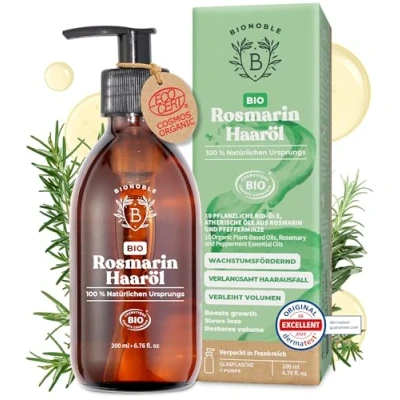 Abbildung von Bionoble Rosmarinöl Haare Bio Fördert Haarwachstum &amp; Verlangsamt Haarausfall Mit Rizinusöl Haaröl Rosmarin Rosemary Oil for Hair Growth Glasflasche + Pumpe 200 ml