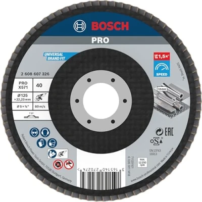 Abbildung von Bosch 1x PRO Metal X571 Fächerschleifscheibe, gerade Ausführung, Fiber, für kleine Winkelschleifer (für Stahl, Edelstahl, Ø 125 mm, Körnung 40, Professional Zubehör Kleiner Winkelschleifer)