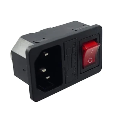 Abbildung von Kaltgeräte Steckverbinder Stecker C 14 mit rotem Schalter und Sicherung 10A/250V