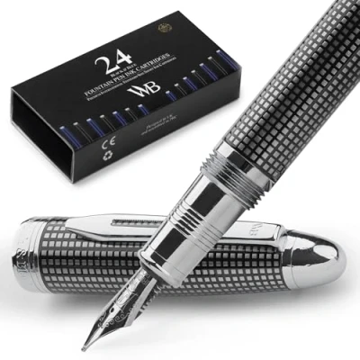 Abbildung von Wordsworth &amp; Black Majesti Füllfederhalter (schwarz kariert), Luxus Etui, Edelstahl; mittlere Spitze Tintenpatronen, nachfüllbarer Tintenkonverter Kalligraphie Stift
