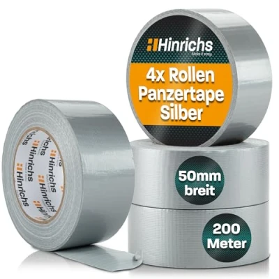 Abbildung von Hinrichs Panzertape silber 4 Rollen 50m x 50mm Gewebeband extra starkes Klebeband wasserdichtes Panzerband breites Gewebeklebeband grau power Duct Tape für Innen und Außen