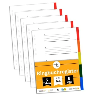 Abbildung von perfect line Ordner Register DIN A4 aus Kunststoff (PP), 5 Taben (5 teilig), 5er Set, Trennblätter für Akten Ordner, recycelbar, MADE IN GERMANY