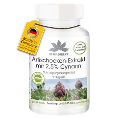 Abbildung von Artischocken Extrakt Kapseln 90 hochdosiert 1050mg pro Tagesdosis vegan 2,5% Cynarin HERBADIREKT by Warnke Vitalstoffe Deutsche Apothekenqualität