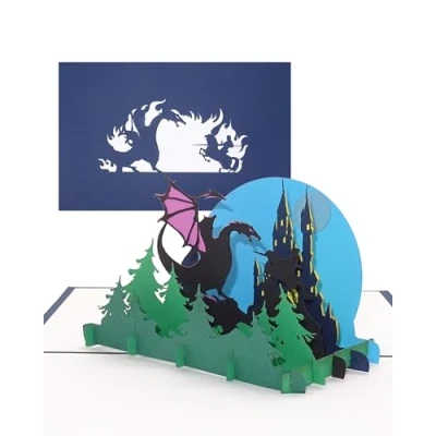 Abbildung von Pop Up Karte „Drache &amp; Ritter“ Geburtstagskarte mit Drachen und Ritterburg Einladung, Geschenk, Gutschein zu Geburtstag, Kindergeburtstag Einschulung