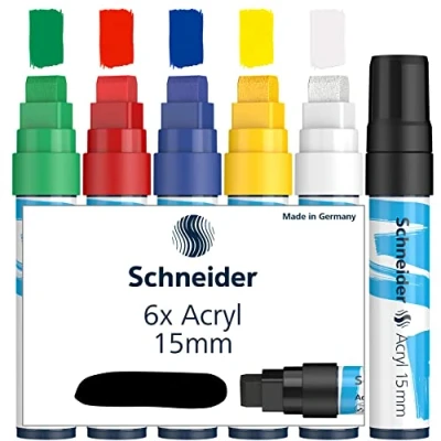 Abbildung von Schneider Paint It Acrylstifte (Set 1 mit 15 mm Strichbreite, hochdeckende Acrylfarben für Holz, Leinwand, Stein uvm.) 6 Stück, sortiert