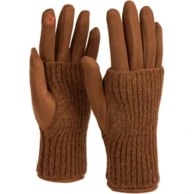 Abbildung von styleBREAKER Damen Touchscreen Stoff Handschuhe mit abnehmbaren Strick Stulpen, warme Fingerhandschuhe, Winter 09010022, Farbe:Cognac