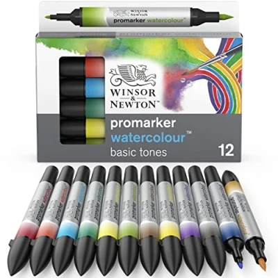 Abbildung von Winsor &amp; Newton 0290165​ ProMarker Aquarellmarker 2 Spitzen, Pinsel und feiner Spitze, lichtecht, hochpigmentierte Aquarellfarben für Kalligrafie, Zeichnungen, 12 Farben Set Grundfarben