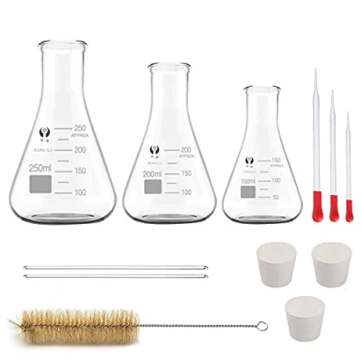 Abbildung von Glas Erlenmeyerkolben Set, JESTOOLO 250ml 200ml 150ml Konisch Fläschchen, 10 ml/5ml Messzylinder mit 3 Pipetten, 2 Waschbürste und Glasstab, für Labor Lebensmittel Forschung Medizin