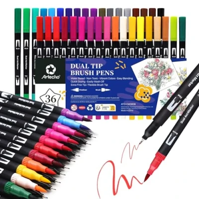 Abbildung von Artecho Dual Brush Pen Set 36 Farben, Filzstifte Dicke und Dünne, Pinselstifte set, Stifte für Bullet journal, Kalligraphie, Manga, Malbücher Handlettering