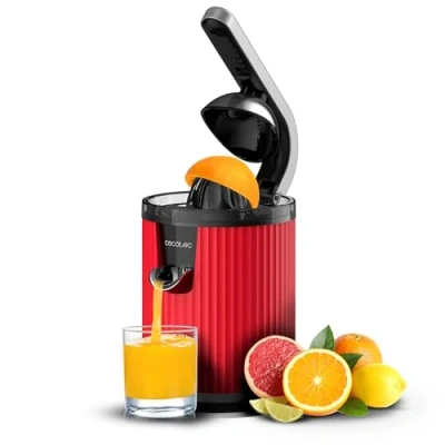 Abbildung von Cecotec Elektrische Zitruspresse mit Arm für Orangen und Zitrusfrüchte Xqueeze RetroJuice 600 Red. W, Retro, Edelstahlfilter, Kunststoffkegel, Hebel zum Entfernen von Fruchtfleisch, Tropfschutz