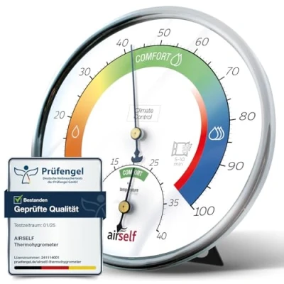 Abbildung von airself Thermohygrometer analog für innen Raumthermometer und Feuchtigkeitsmesser mit Comfort Zone zur praktischen Raumklimakontrolle