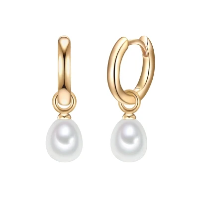 Abbildung von Valero Pearls Damen Creolen Sterling Silber 925 gelbvergoldet Süßwasser Zuchtperlen weiß Ohrhänger für Frauen in Gelbgold Farben mit perle