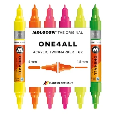 Abbildung von Molotow One4All Acrylic Twin Marker Neon Set (1,5 und 4,0 mm Strichstärke, hochdeckend permanent, schnell trocknend, nachfüllbar, für fast alle Untergründe) 6 Stück sortiert