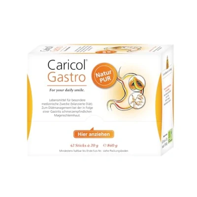 Abbildung von Caricol Gastro 100% iges Naturprodukt Unterstützung für die Magenschleimhaut Mit der Kraft von Papaya &amp; Biotin Papain 42 Sticks à 20 g (840 g)
