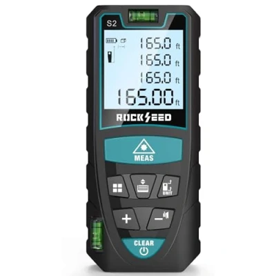 Abbildung von Laser Entfernungsmesser 50m, RockSeed Digital Wasserwaage Distanzmessgerät &amp; LCD Hintergrundbeleuchtung 4 Zeilige Digitaldisplay ±2mm Mehreren Messmodi, Handschlaufe 2 Batterien, IP54