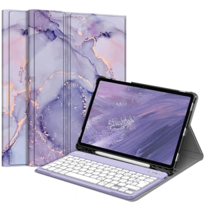 Abbildung von Fintie Tastatur Hülle für Samsung Galaxy Tab S9 FE 10.9 Zoll/Tab 11 Zoll 2023 Tablet, Keyboard Cover mit Magnetisch Abnehmbarer Deutscher Bluetooth Tastatur, Lila Marmor