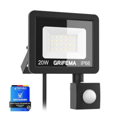 Abbildung von GRIFEMA 20W LED Strahler Mit Bewegungsmelder, 2200LM, 6500K Kaltweiß, IP66 Wasserdicht, 180 Verstellbare Halterung Für Garten, Garage, Hof &amp; Außenbeleuchtung