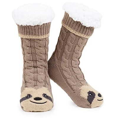 Abbildung von CityComfort Rutschfeste Socken Damen und Teenager in Gr. 37 41 Kuschelsocken Sherpa gefüttert mit Anti Rutsch Punkten (Braun Faultier)