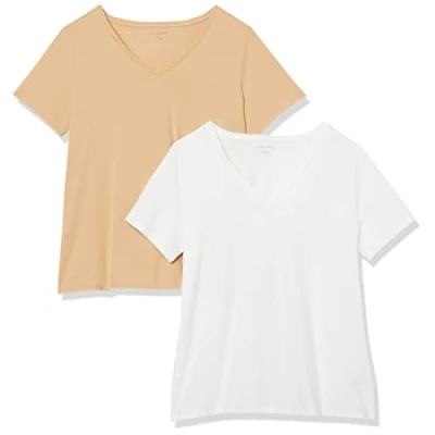 Abbildung von Amazon Essentials Damen T Shirt mit V Ausschnitt und kurzen Ärmeln in Übergröße, 2er Pack, Weiß/Helles Kamelbraun, 4XL Große Größen