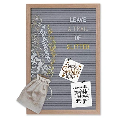 Abbildung von Gadgy ® Retro Filz Letter Board Grau Mit 710 golden, Silber &amp; weiße Buchstaben und Beutel 30x45 cm