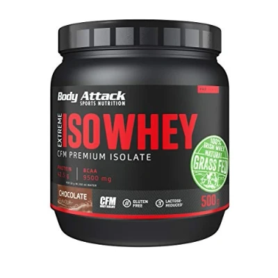 Abbildung von Body Attack Extreme Iso Whey, Chocolate, 500g CFM Whey Protein Isolat aus 100% irischer Weidemilch, glutenfrei, reich an EAAs, perfekt löslich, fettarm, ohne Aspartam, 90,6% Anteil