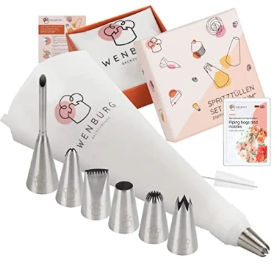 Abbildung von Wenburg Spritzbeutel mit Tüllen Profi, 7 Große Spritztüllen Baumwolle Spritztüte 35 cm Adapter, Professionelle Edelstahl Aufsätze für Kuchen, Torten, Keksen Dekoration Geschenk Edition (Premium)
