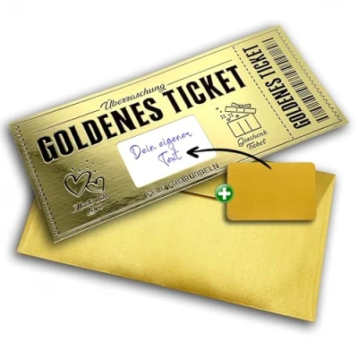 Abbildung von Goldenes Ticket zum selber ausfüllen mit Rubbelfeld Rubbelaufkleber und Beschriftungsfeld Geschenk für Freund, Freundin, Frauen Männer Geburtstagskarte, Kino Reisegutschein goldfarbig