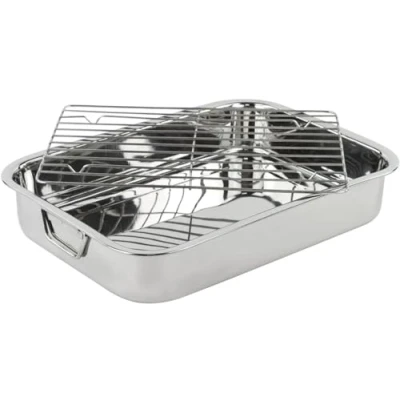 Abbildung von MGE Bräter mit Rost aus Edelstahl Ofenform Auflaufform Groß Lasagne Bratform für Lasagne, Hähnchen und Gemüse Silber 30 cm