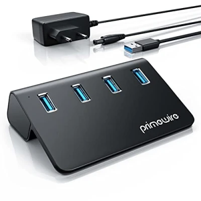 Abbildung von CSL USB 3.2 Gen2 Hub 4 Port Verteiler 10 Gbit/s mit Netzteil aktiv Stromversorgungskabel Aluminiumgehäuse für PC Notebook Laptop Windows 7 11, kompatibel MacOS
