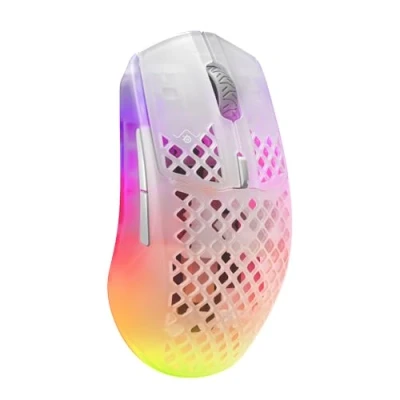 Abbildung von SteelSeries Aerox 3 Wireless RGB Gaming Mouse mit Öffnungen in der Oberfläche Federleichtes, wasserabweisendes Design Optischer TrueMove Air Sensor 18.000 DPI Ghost