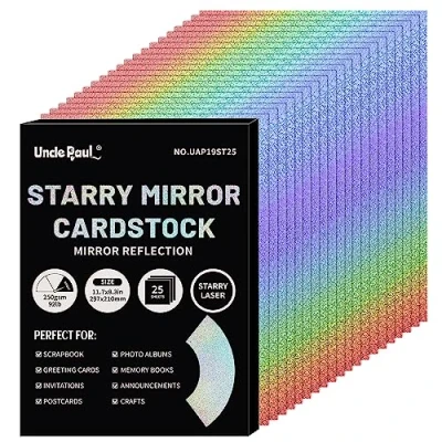 Abbildung von A4 Kartonpapier mit Sternenspiegel, 25 Blatt, 250 g/m²/92 lb, glänzendes, reflektierendes Papier zum Basteln, Farblaser Karton für Geburtstags und Hochzeitsdekoration UAP19ST25