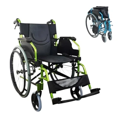 Abbildung von Mobiclinic®, Rollstuhl, Bolonia, Aluminium, Faltbar und leicht, Klappbare geteilte Rückenlehne, Abnehmbare Fußstütze, Armlehnen, Rollstuhl für Erwachsene, Grün