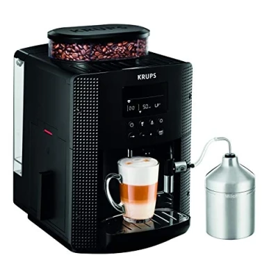 Abbildung von Krups Essential Kaffeevollautomat mit Milchschlauch, 2 Tassen Funktion, LCD Display, Einfache Reinigung, Kaffeemaschine, TÜV Siegel, Schwarz, EA816031