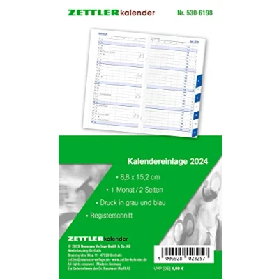 Abbildung von Kalender Ersatzeinlage 2024 für den Taschenplaner Typ 530 8,8x15,2 cm 1 Monat auf 2 Seiten Registerschnitt separates Adressheft Notizheft 6198