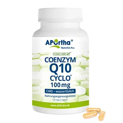 Abbildung von APOrtha® Coenzym Q10 CWD 100 mg 120 vegane Kapseln, CoQ10 Kapseln hochdosiert 100mg, hohe Bioverfügbarkeit durch wasserlösliches Ubiquinon, Tagesdosis 1 Kapsel