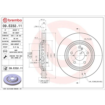 Abbildung von BREMBO 09.E232.11 Bremsscheibe 320 28 5 innenbelüftet beschichtet mit Schrauben