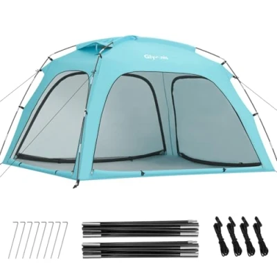 Abbildung von Glymnis Strandmuschel Strandzelt Strand Zelt mit 4 Reißverschlusstür und Netztür UV Schutz UPF50+ Windschutz kleines Packmaß für 3 Personen