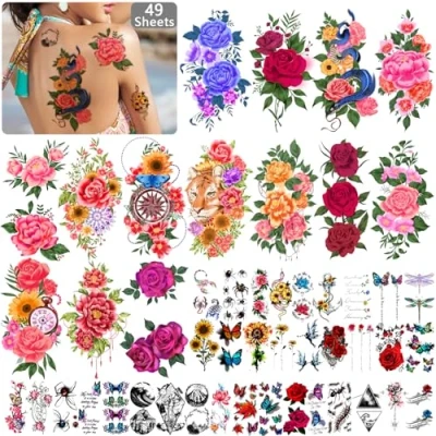 Abbildung von 49 Blatt Temporäre Tattoos für Frauen und Männer 3D Extra große wasserdichte sexy Blumen Fake Tattoo Kits