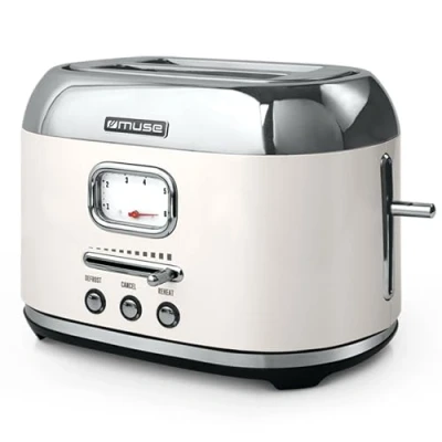 Abbildung von Muse Edelstahl Toaster in beige und retro Design, analoge Anzeige, beleuchtete Tasten, 6 Bräunungsstufen, 2 Scheiben, MS 120 SC, Vintage Look beige, mit Krümelschublade