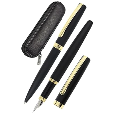 Abbildung von ONLINE Schreib Set Eleganza, Farbe Schwarz &amp; Gold enthält Kugelschreiber, Füllhalter, Echt Lederetui, 3 teilig, in hochwertiger Geschenkbox, Füller für Standardpatronen, Kulli mit Großraummine G2