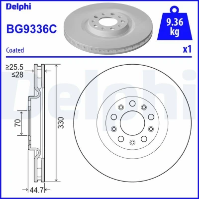Abbildung von DELPHI BG9336C Bremsscheibe 330 28 5 Belüftet beschichtet unbehandelt ohne Radlager, ABS Sensorring ALFA ROMEO: Stelvio, Giulia Saloon