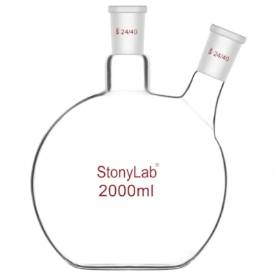 Abbildung von stonylab Flachbodenkolben FBF, Schwerwandiger 2 Hals Laborkolben Borosilikatglas Flachboden Siedekolben mit 24/40 Standard Gelenk, 2000 ml