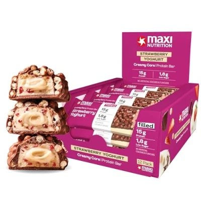 Abbildung von MaxiNutrition Creamy Core Bar Strawberry Yoghurt, 12x45g Protein Riegel, 34% Eiweiß, 15g je low Sugar (1,8g), ohne Zuckerzusatz, künstliche Aromen
