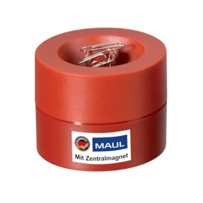 Abbildung von Maul Klammernspender MAULpro Ø7,3x6cm Schreibtisch Organizer für Büroklammern Zubehör mit Magnet Büro Inklusive 15 Klammern Stilvoller Büroklammernspender Rot